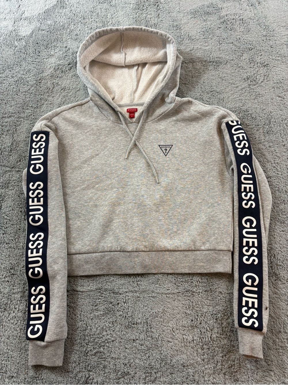 GUESS Gray Cropped Hoodie with Branded Sleeve Tape